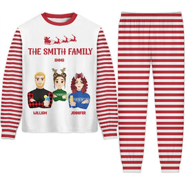 Family - Christmas Flat Art Family Name Candy Cane - Personalized Unisex Pajamas Set