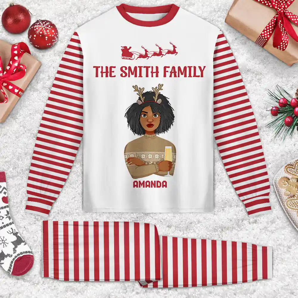 Family - Christmas Flat Art Family Name Candy Cane - Personalized Unisex Pajamas Set