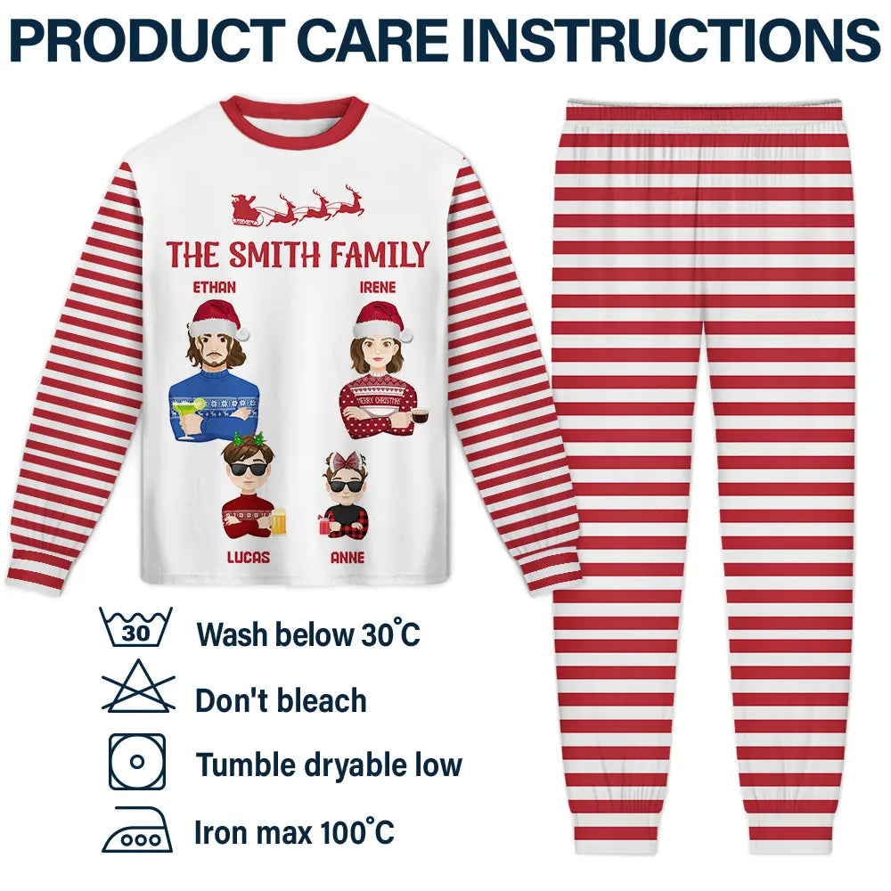 Family - Christmas Flat Art Family Name Candy Cane - Personalized Unisex Pajamas Set