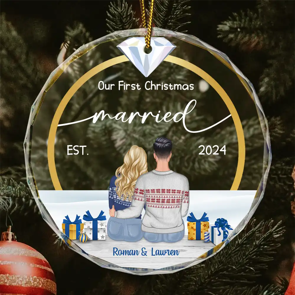 Gift For Couples - Diamond Ring First Christmas Married - Personalized Circle Glass Ornament