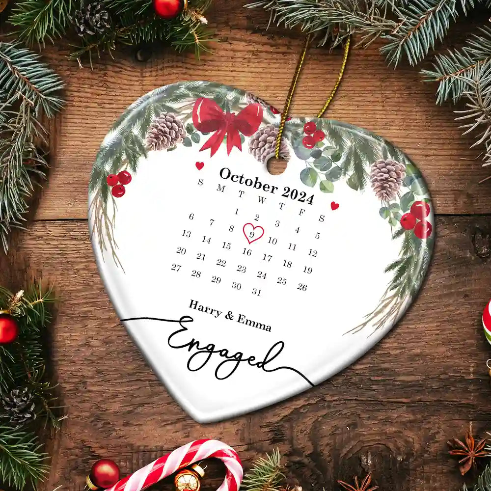 Christmas,Gift For Couples,Gift For Husband,Gift For Wife,Happy - Christmas Calendar Couple Married Engaged - Personalized Heart Ceramic Ornament