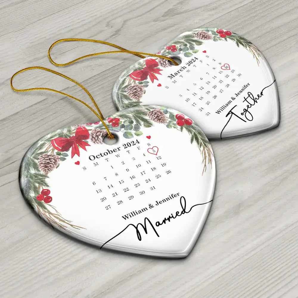 Christmas,Gift For Couples,Gift For Husband,Gift For Wife,Happy - Christmas Calendar Couple Married Engaged - Personalized Heart Ceramic Ornament