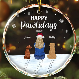 Pet Lovers, Pet Couple, Pet Mom, Pet Dad - Christmas Pet Lovers Happy Pawlidays - Personalized Circle Glass Ornament