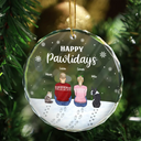 Pet Lovers, Pet Couple, Pet Mom, Pet Dad - Christmas Pet Lovers Happy Pawlidays - Personalized Circle Glass Ornament