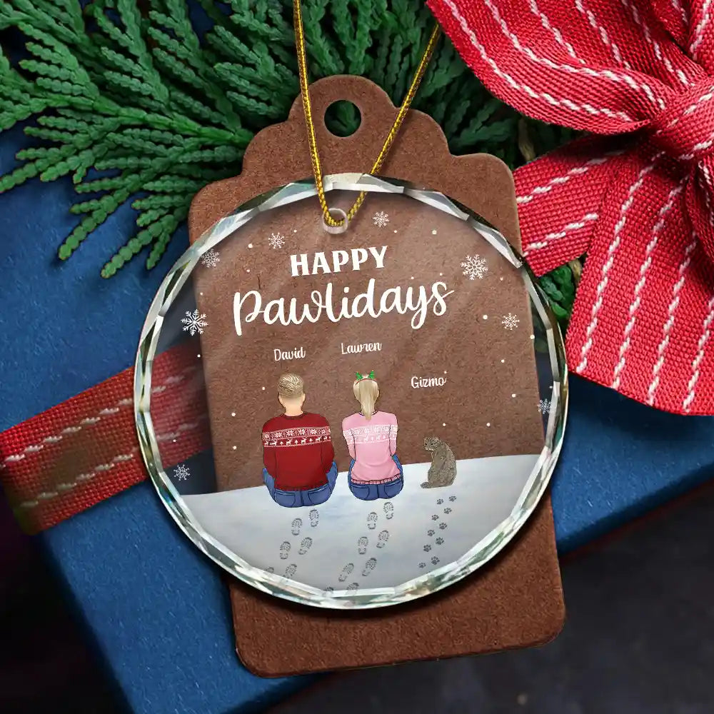 Pet Lovers, Pet Couple, Pet Mom, Pet Dad - Christmas Pet Lovers Happy Pawlidays - Personalized Circle Glass Ornament