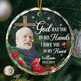 Family, Memorial - Christmas Custom Photo Memorial God Has You In His Hands - Personalized Circle Glass Ornament