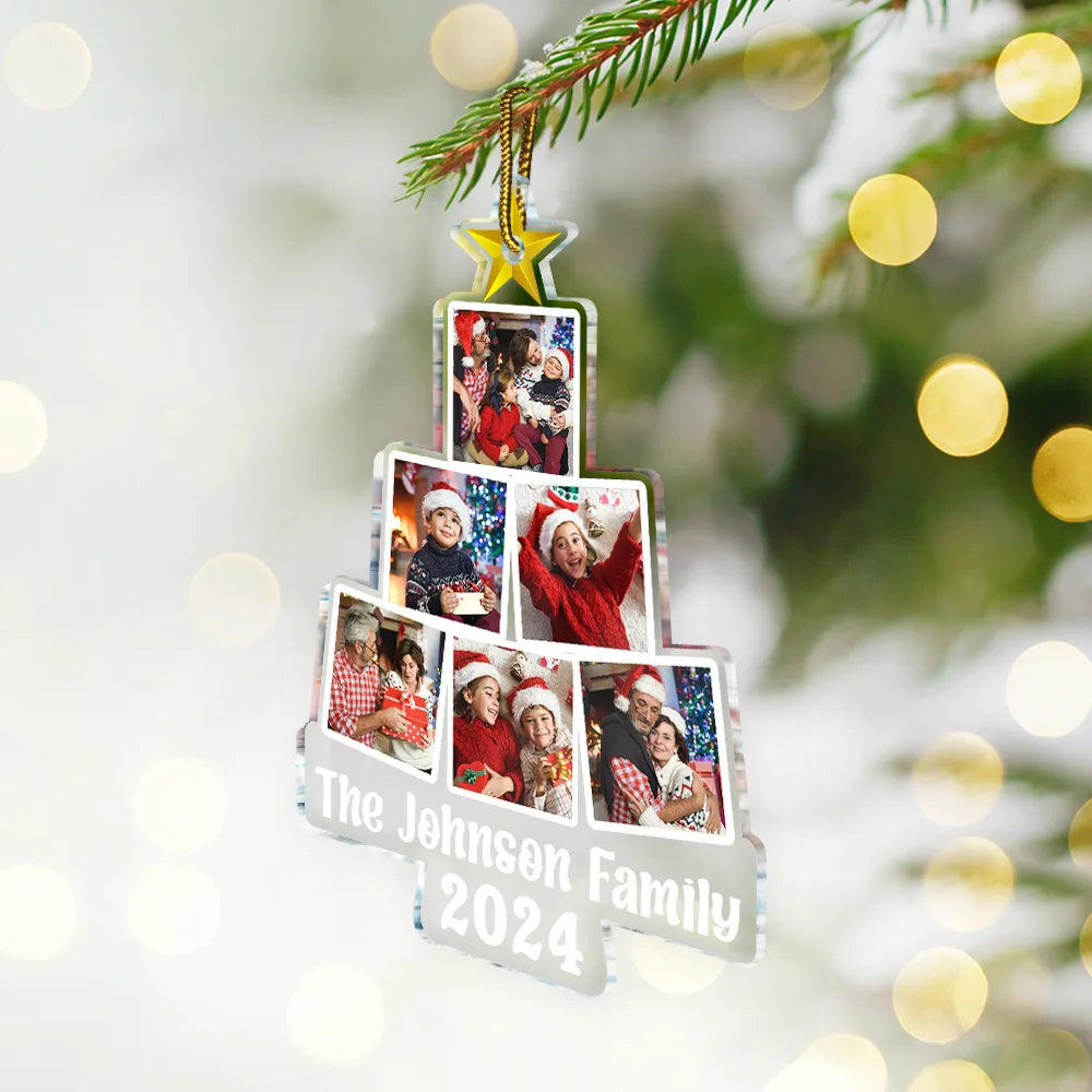 Family - Christmas Tree Photo Family Name - Personalized Custom Shaped Acrylic Ornament