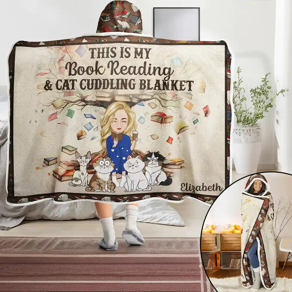 Reading,Pet Lovers,Cat Lovers,Dog Lovers,Gift For Yourself,Happy - Book Reading & Cat Cuddling Blanket - Personalized Wearable Hooded Blanket