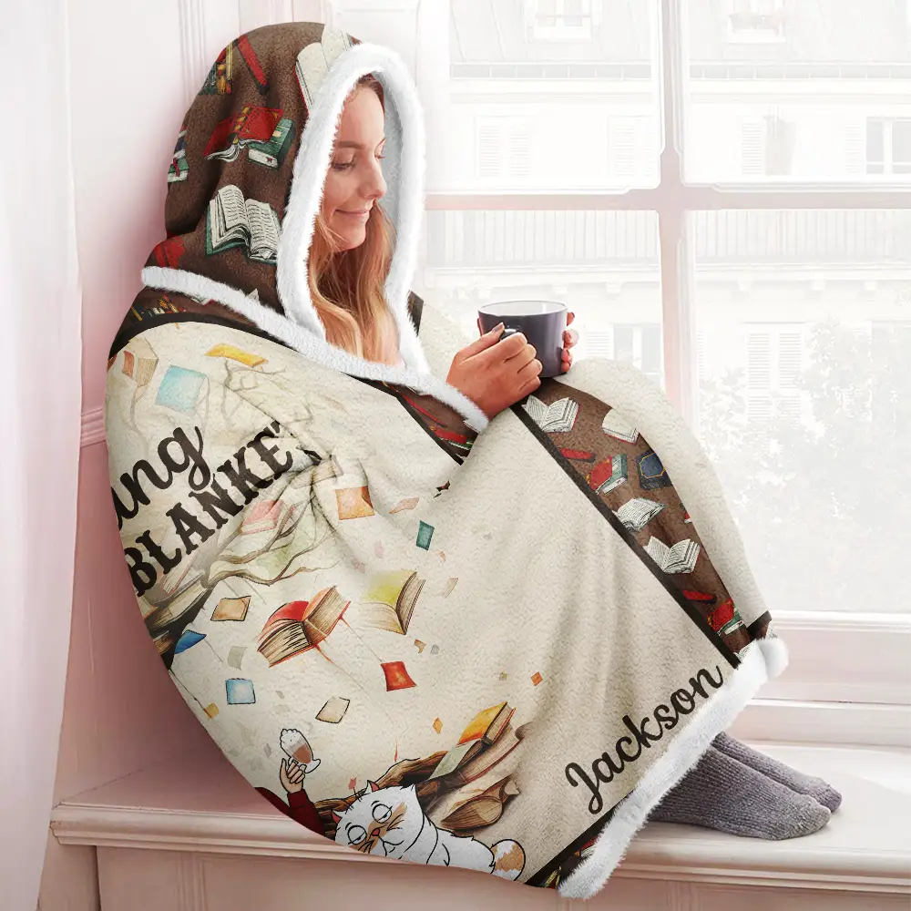 Reading,Pet Lovers,Cat Lovers,Dog Lovers,Gift For Yourself,Happy - Book Reading & Cat Cuddling Blanket - Personalized Wearable Hooded Blanket