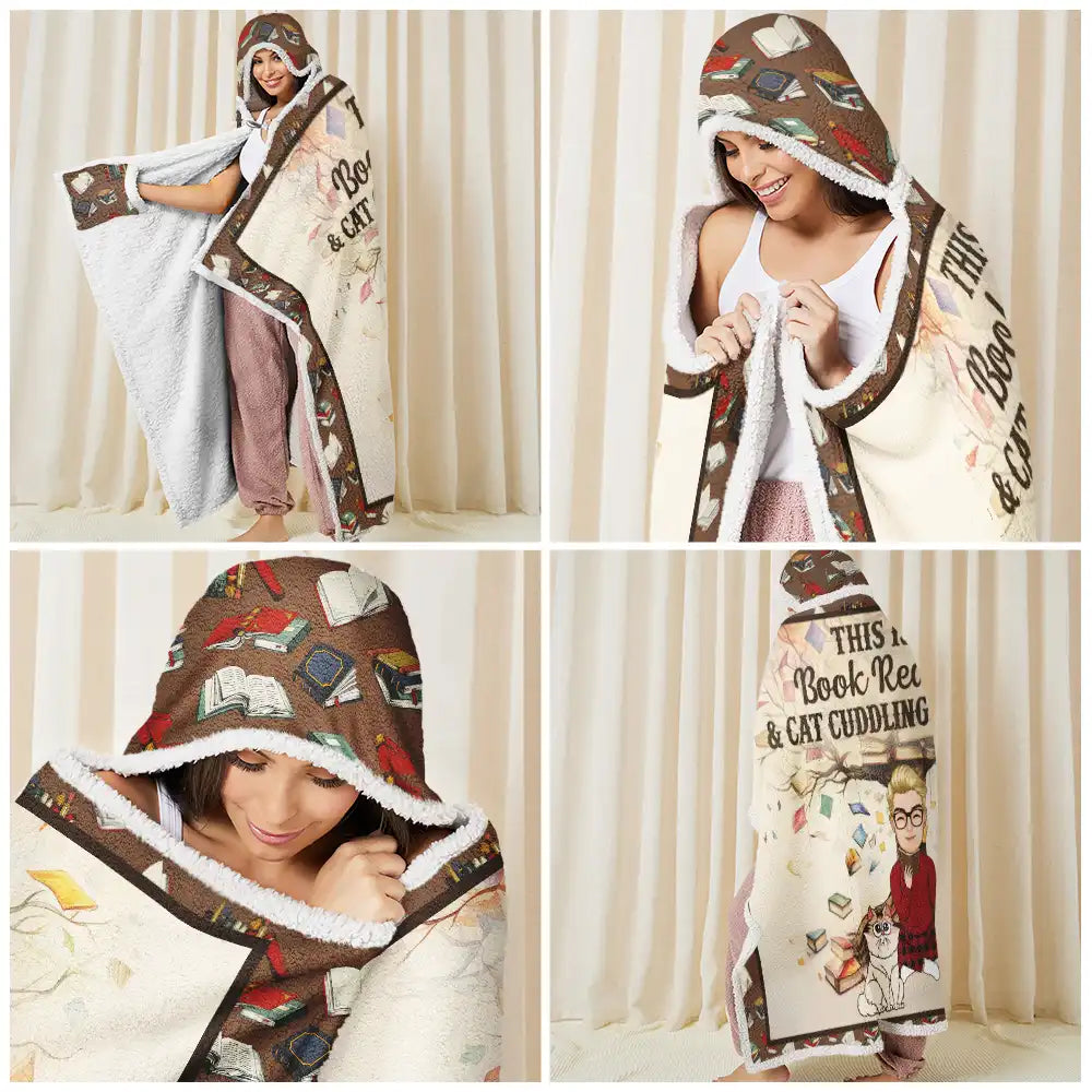 Reading,Pet Lovers,Cat Lovers,Dog Lovers,Gift For Yourself,Happy - Book Reading & Cat Cuddling Blanket - Personalized Wearable Hooded Blanket