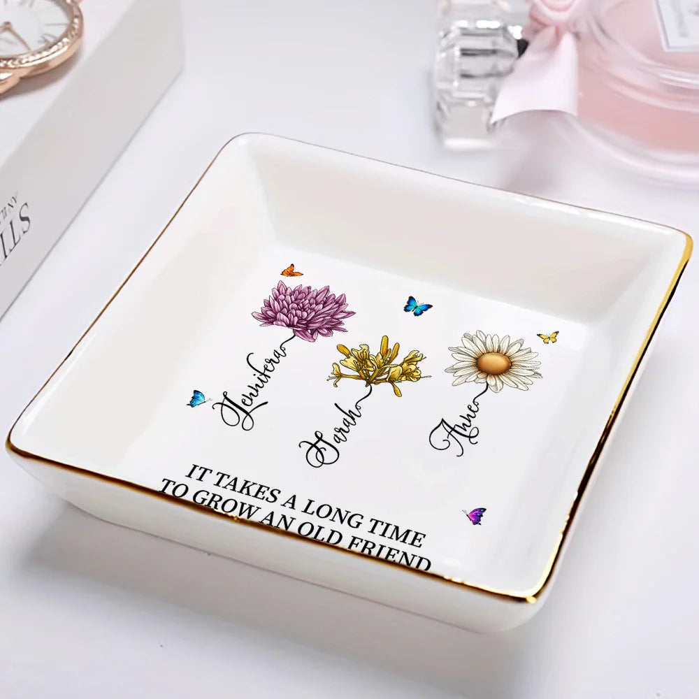 Gift For Bestie - Blooming Birth Flower Grow An Old Friend - Personalized Ring Dish