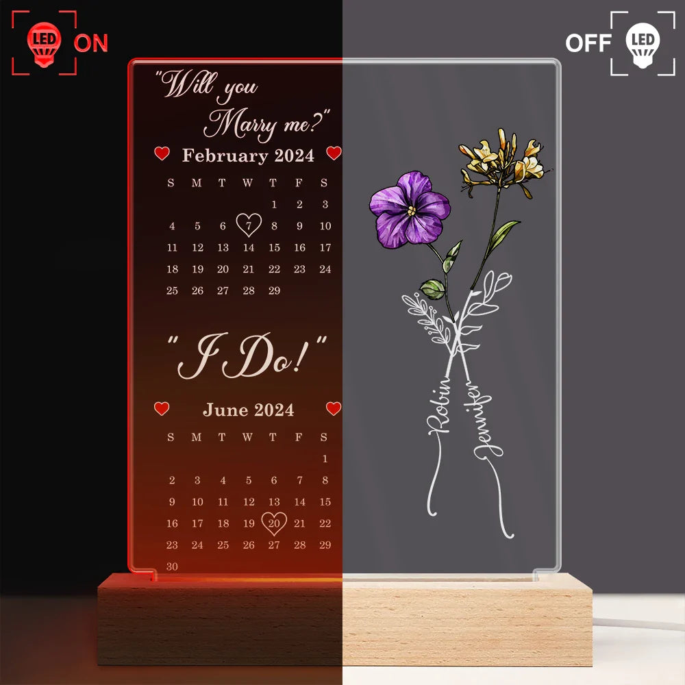 Gift For Couples,Gift For Husband,Gift For Wife,Gift For Boyfriend,Gift For Girlfriend,Love - Calendar Birth Flowers First Met First Kiss - Personalized 3D Led Light Wooden Base