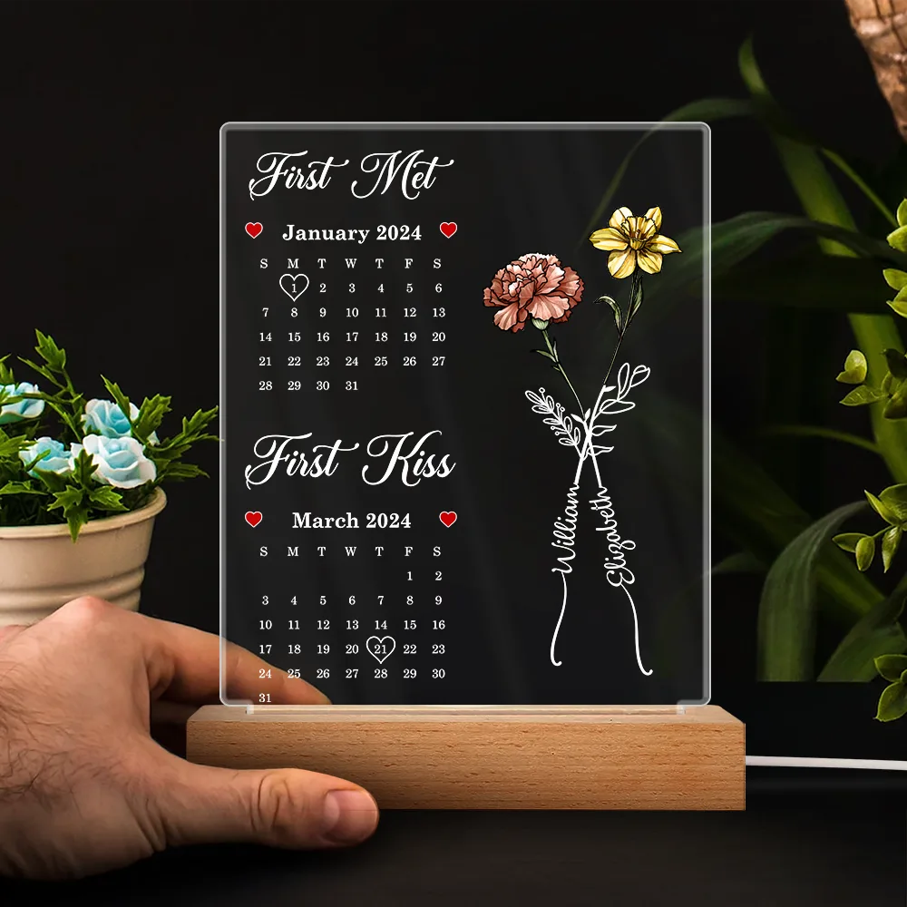 Gift For Couples,Gift For Husband,Gift For Wife,Gift For Boyfriend,Gift For Girlfriend,Love - Calendar Birth Flowers First Met First Kiss - Personalized 3D Led Light Wooden Base