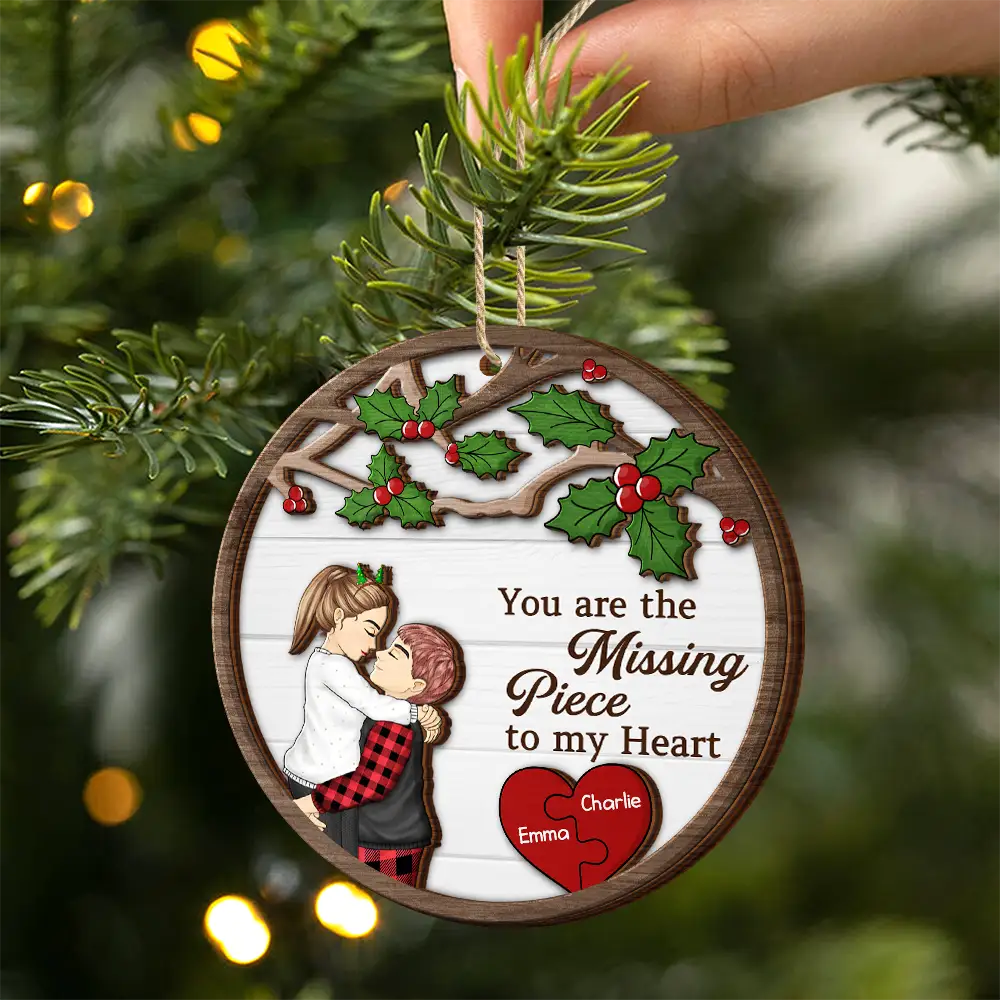 Gift For Couples, Gift For Husband, Gift For Wife, Gift For Boyfriend - Christmas Couple Missing Piece To My Heart - Personalized 2-Layered Wooden Ornament