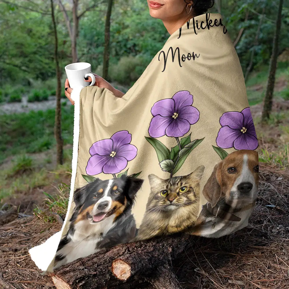 Dog Lovers, Cat Lovers, Pet Lovers - Custom Photo Birth Flower Dog Cat Portrait - Personalized Fleece Blanket, Sherpa Blanket