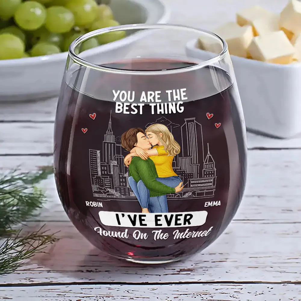 Gift For Couples, Gift For Husband, Gift For Wife, Gift For Boyfriend, Gift For Girlfriend - Kissing Couple Best Thing Found On The Internet - Personalized Stemless Wine Glass