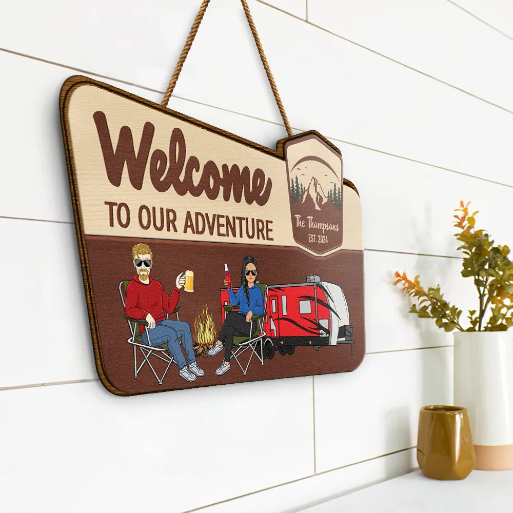 Gift For Couples, Gift For Husband, Gift For Wife, Gift For Boyfriend, Gift For Girlfriend, Camping, Campsite - Camping Couple Welcome To Our Adventure - Personalized Custom Shaped Wood Sign
