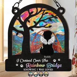 Memorial, Dog Lovers, Pet Lovers, Dog Mom, Dog Dad, Cat Lovers, Cat Mom, Cat Dad, Pet Mom, Pet Dad - Dog Cat Silhouette Over The Rainbow Bridge - Personalized Window Hanging Suncatcher Ornament
