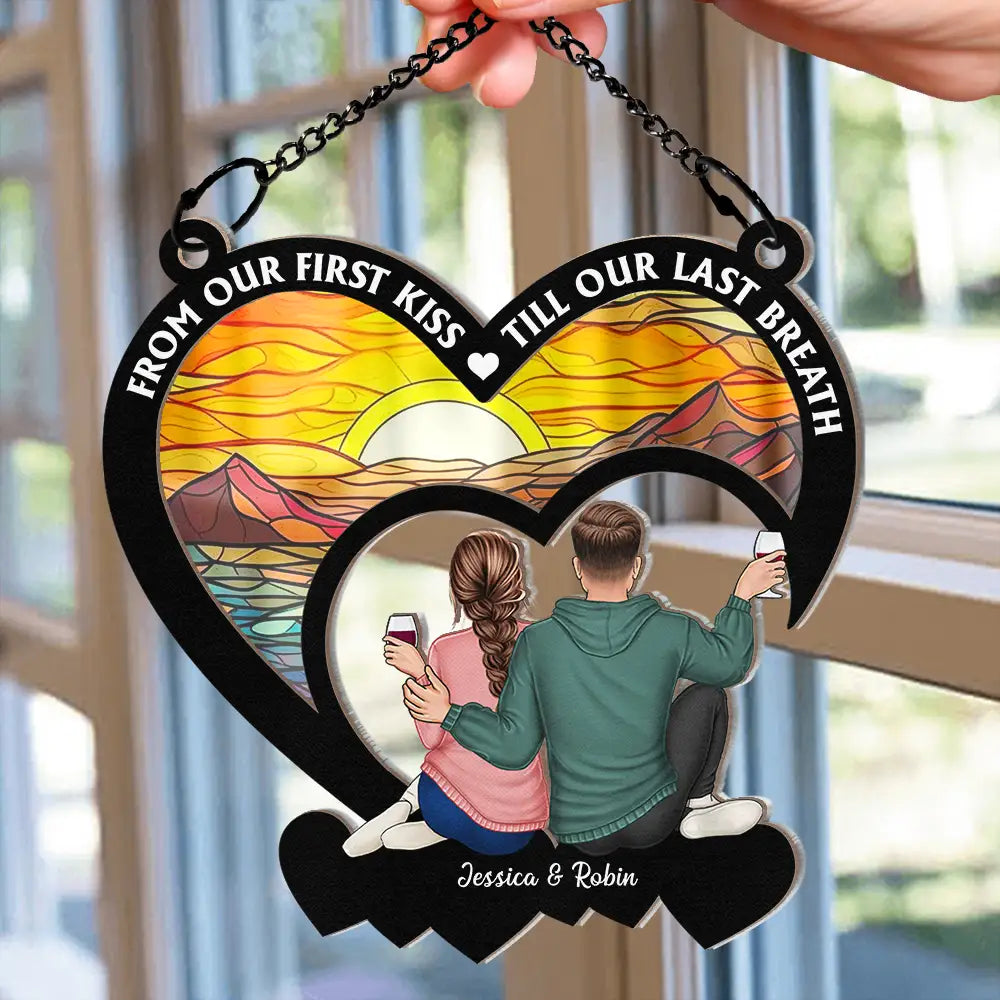 Gift For Couples,Gift For Husband,Gift For Wife,Gift For Boyfriend,Gift For Girlfriend,Happy - Couple From Our First Kiss - Personalized Window Hanging Suncatcher Ornament