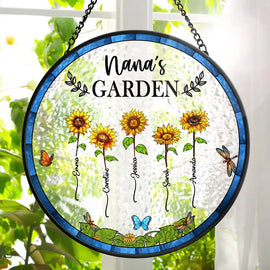 Gift For Women, Gift For Mother, Gift For Grandma - Sunflowers Grandma's Garden - Personalized Stained Glass Window Hanging Suncatcher