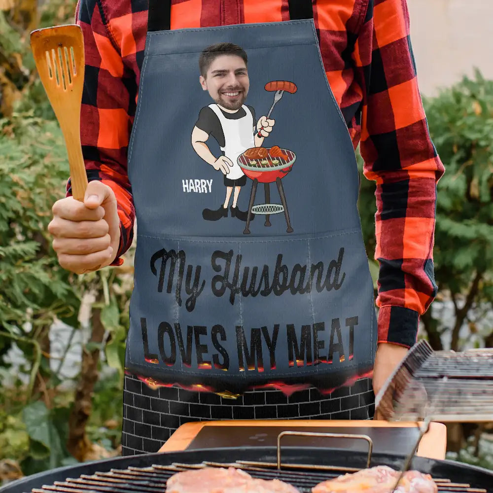 Gift For Husband, Gift For Boyfriend, Gift For Men, Gift For Yourself, Grilling - Custom Photo My Wife Loves My Meat - Personalized Apron
