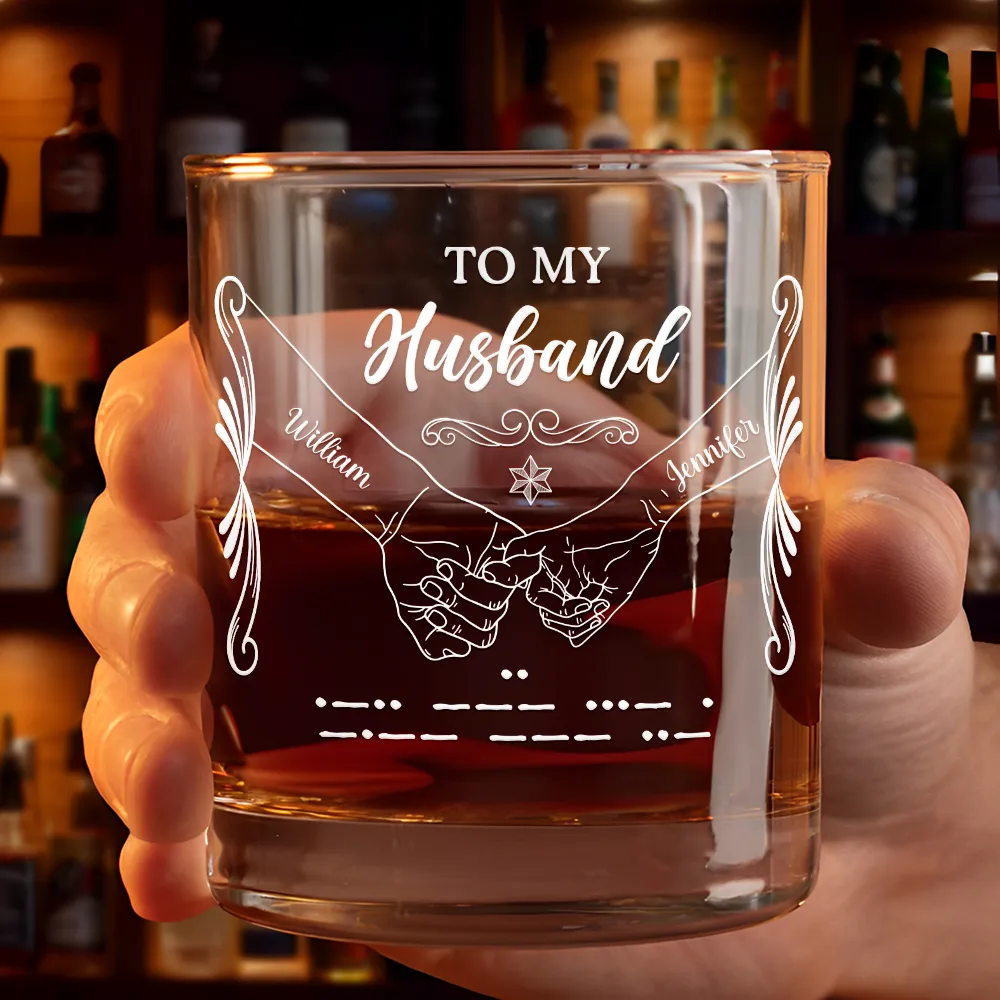 Gift For Husband, Gift For Wife, Gift For Boyfriend,  Gift For Girlfriend - Morse Code I Love You Hands Holding - Personalized Whiskey Glass