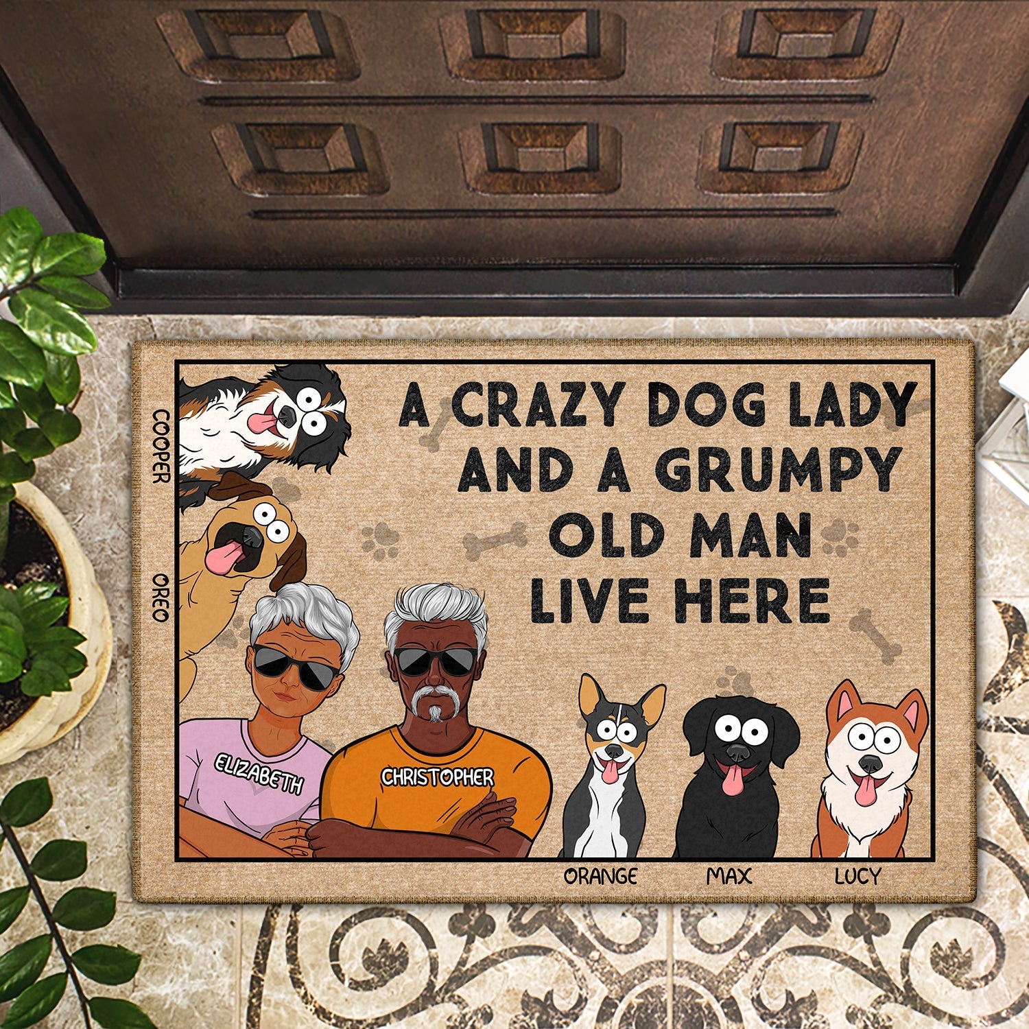 A Crazy Dog Lady And A Grumpy Old Man Live Here Funny Cartoon Dog - Gift For Dog Lovers, Couples - Personalized Doormat