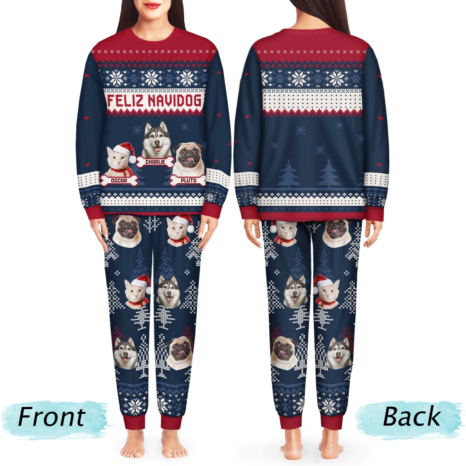 Custom Photo Meowy Catmas Feliz Navidog - Christmas Gift For Cat Lovers, Dog Lovers, Pet Owners - Personalized Unisex Pajamas Set