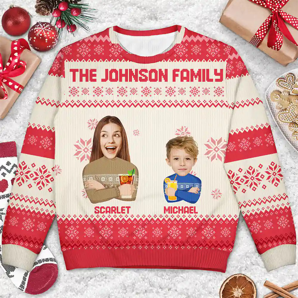 Custom Photo Face Flat Art Christmas Family - Personalized Unisex Ugly Sweater