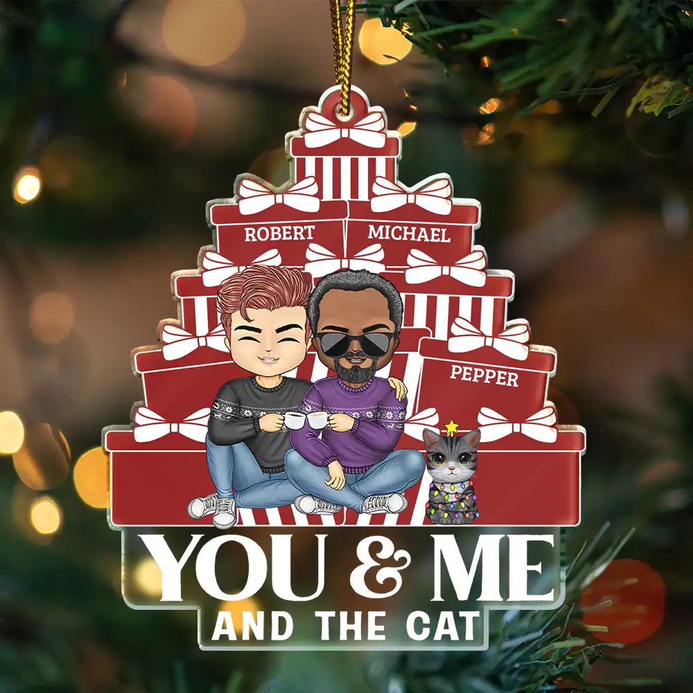 Gift For Couples - Chibi Couple You & Me And The Cats - Personalized Custom Shaped Acrylic Ornament