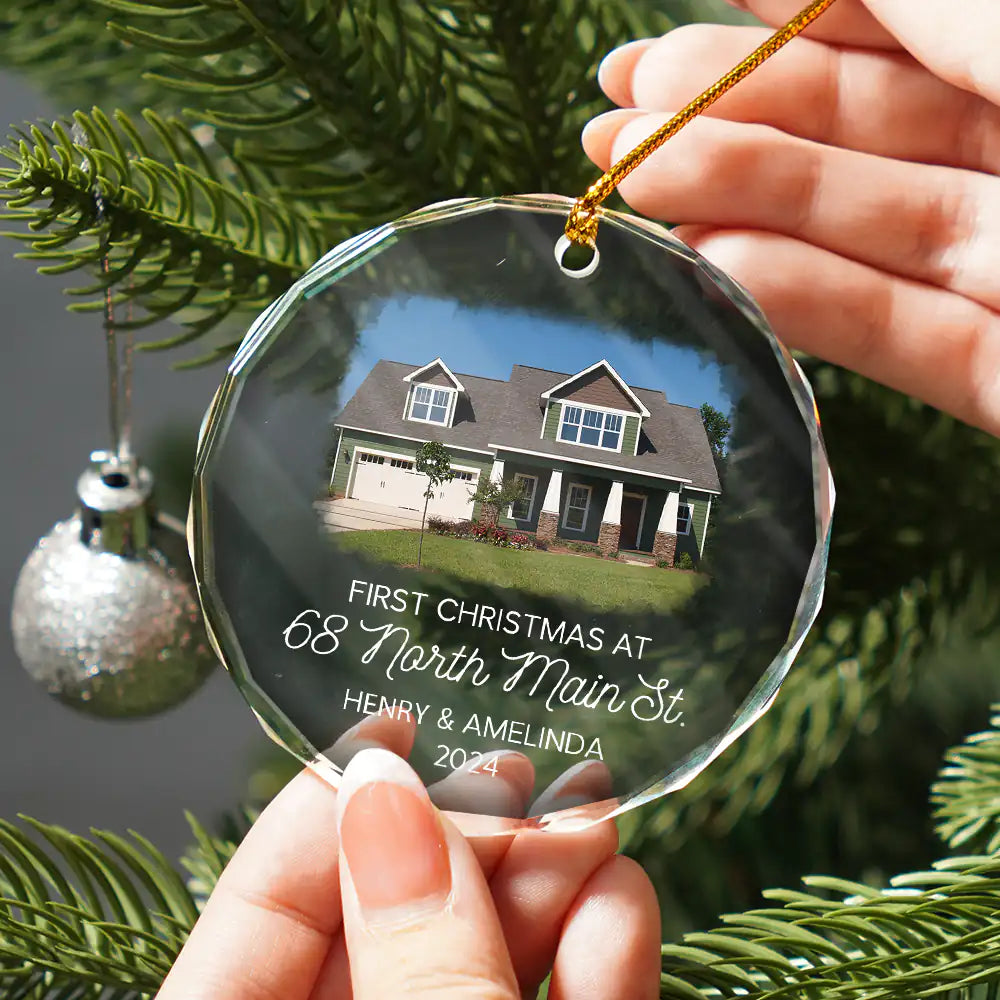 Christmas,Happy,Gift For Couples,Parents,Gift For Husband,Gift For Wife,Anniversary,Wedding - Custom Photo First Christmas At New Home Couple Family - Personalized Circle Glass Ornament