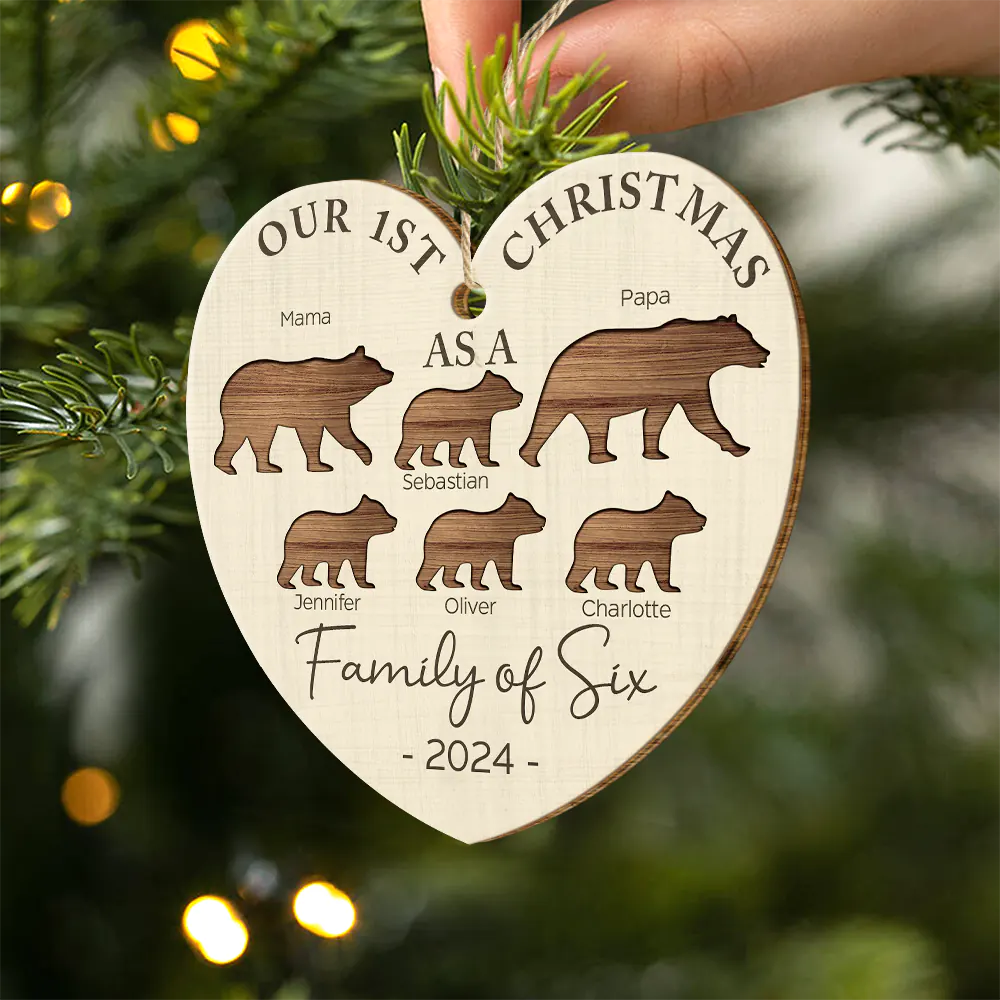 Family - First Christmas As A Family Of Four Bear - Personalized Custom Shaped Wooden Ornament