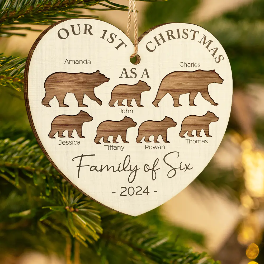 Family - First Christmas As A Family Of Four Bear - Personalized Custom Shaped Wooden Ornament