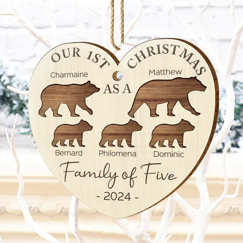 Family - First Christmas As A Family Of Four Bear - Personalized Custom Shaped Wooden Ornament