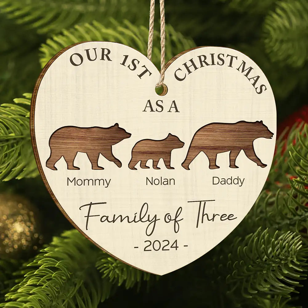 Family - First Christmas As A Family Of Four Bear - Personalized Custom Shaped Wooden Ornament