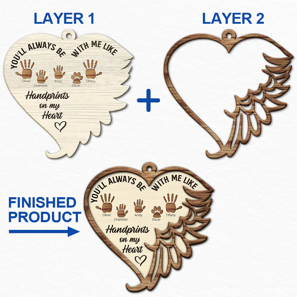 Family, Memorial - Always Be With Us Like Handprints On Our Hearts - Personalized 2-Layered Wooden Ornament