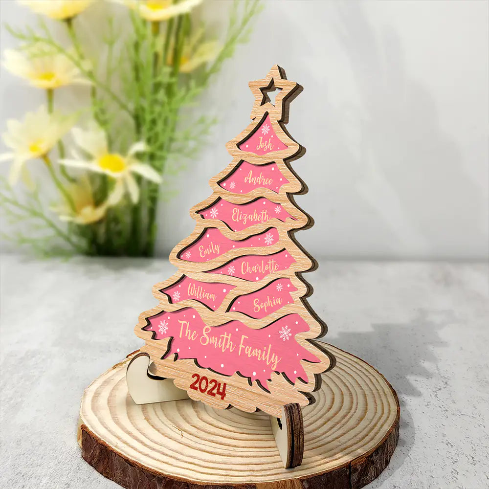 Christmas,Family,Gift For Bestie,Continue Shopping,Happy - Christmas Tree Family Bestie Custom Names Version 3 - Personalized 2-Layered Wooden Plaque With Stand