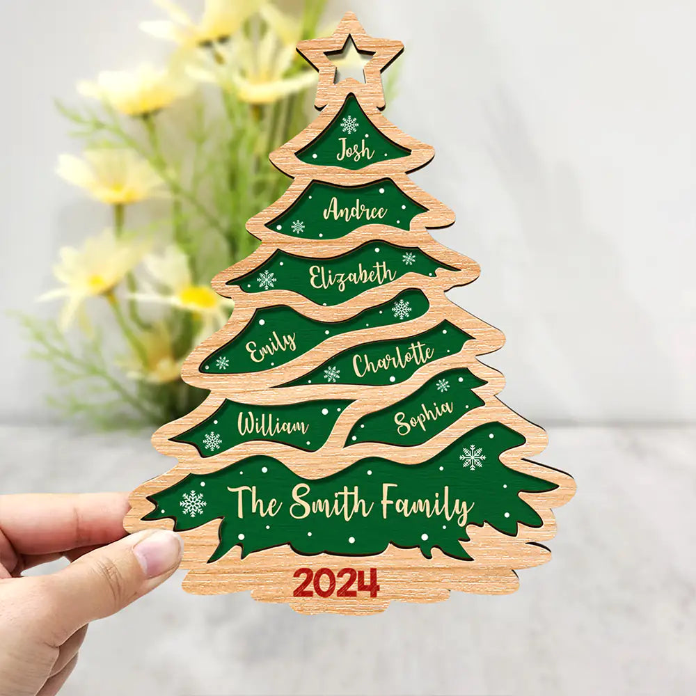 Christmas,Family,Gift For Bestie,Continue Shopping,Happy - Christmas Tree Family Bestie Custom Names Version 3 - Personalized 2-Layered Wooden Plaque With Stand