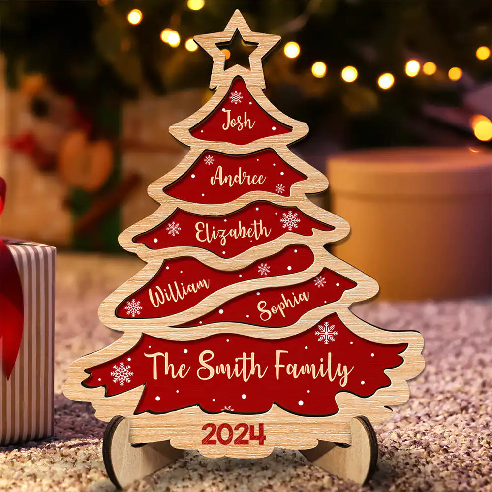 Christmas,Family,Gift For Bestie,Continue Shopping,Happy - Christmas Tree Family Bestie Custom Names Version 3 - Personalized 2-Layered Wooden Plaque With Stand