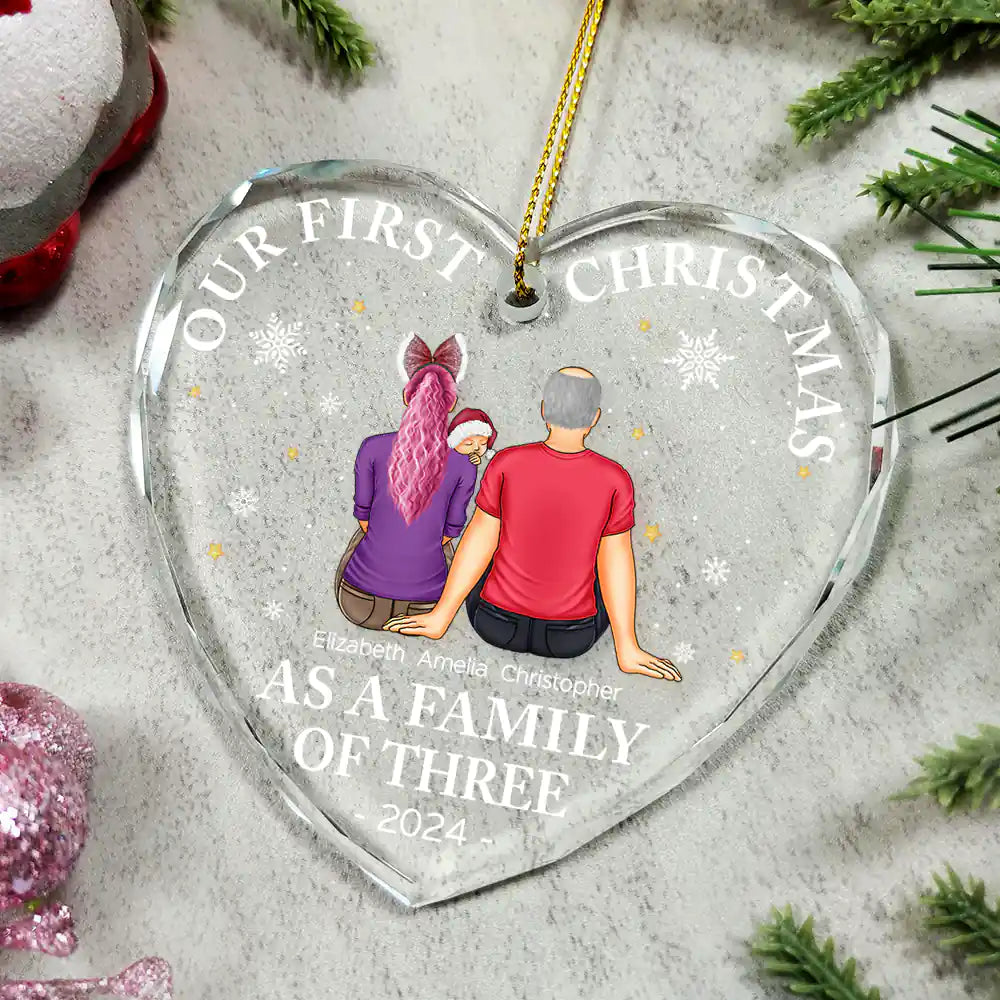 New Dad, New Mom, New baby - First Christmas As A Family Of Three New Parents - Personalized Heart Shaped Glass Ornament