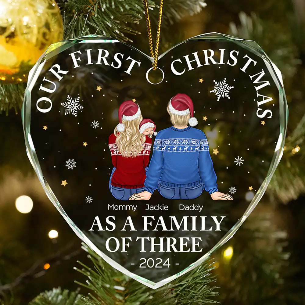 New Dad, New Mom, New baby - First Christmas As A Family Of Three New Parents - Personalized Heart Shaped Glass Ornament