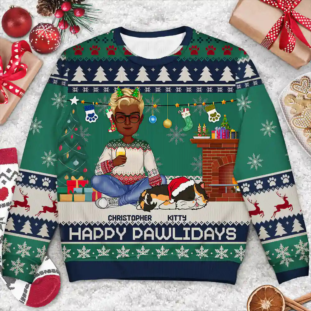 Cat Lovers - Happy Pawlidays Lying Cat - Personalized Unisex Ugly Sweater