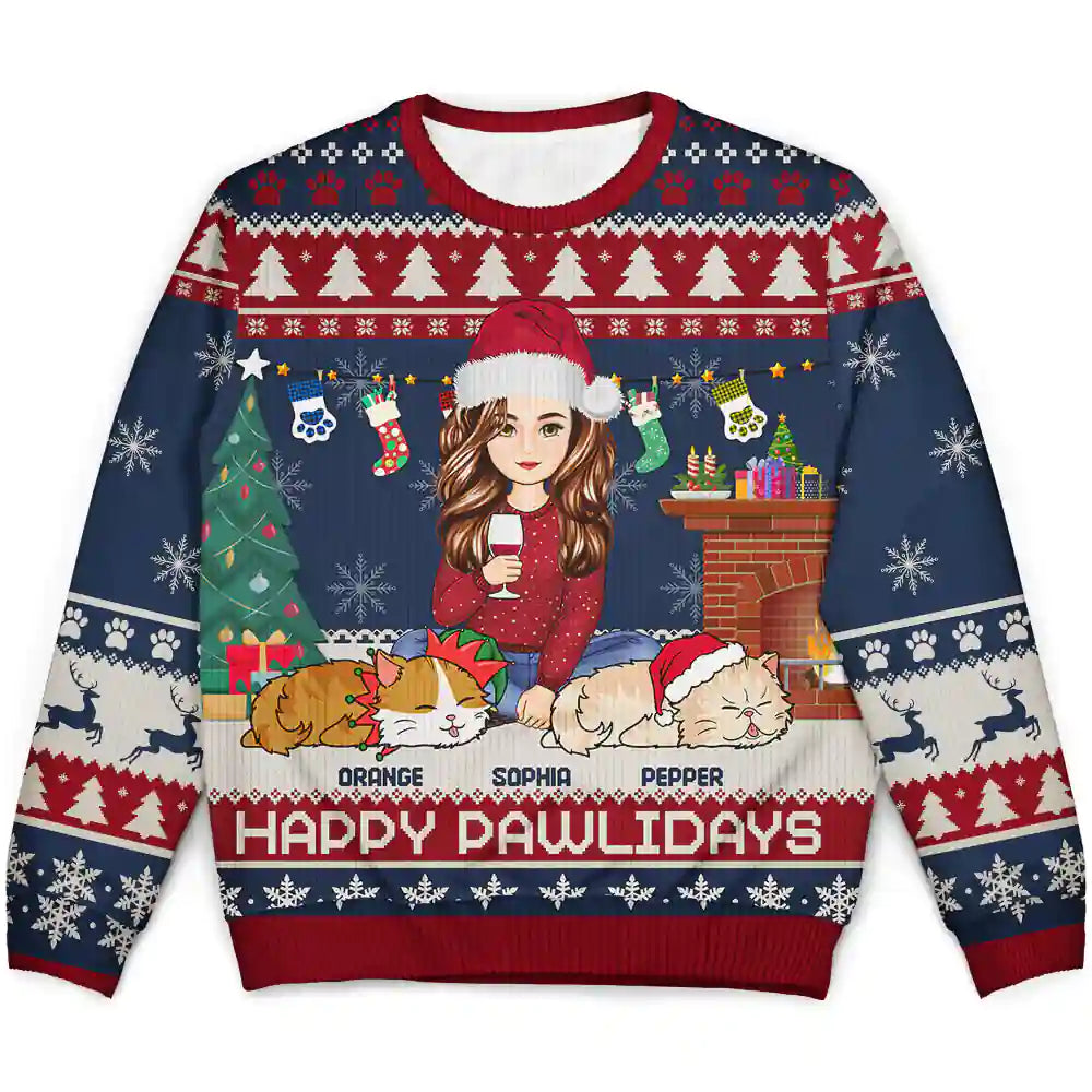 Cat Lovers - Happy Pawlidays Lying Cat - Personalized Unisex Ugly Sweater