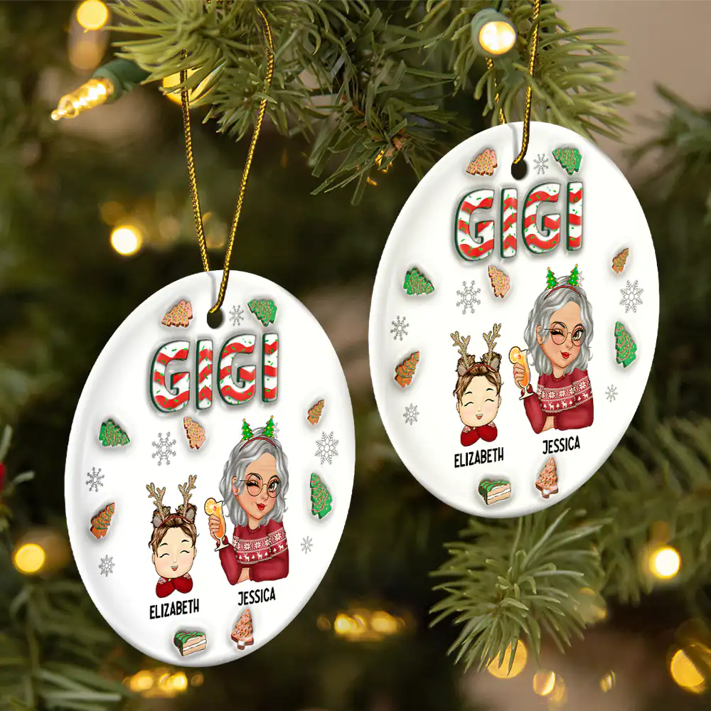 Gift For Grandma, Gift For Mother, Gift For Women - Christmas Grandma With Grandkids - 3D Inflated Effect Printed Ornament, Personalized Circle Ceramic Ornament