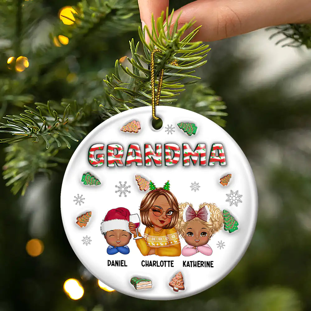 Gift For Grandma, Gift For Mother, Gift For Women - Christmas Grandma With Grandkids - 3D Inflated Effect Printed Ornament, Personalized Circle Ceramic Ornament