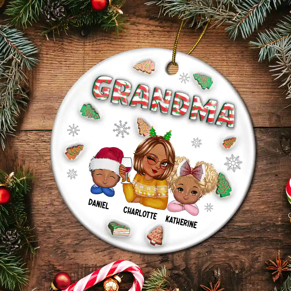 Gift For Grandma, Gift For Mother, Gift For Women - Christmas Grandma With Grandkids - 3D Inflated Effect Printed Ornament, Personalized Circle Ceramic Ornament