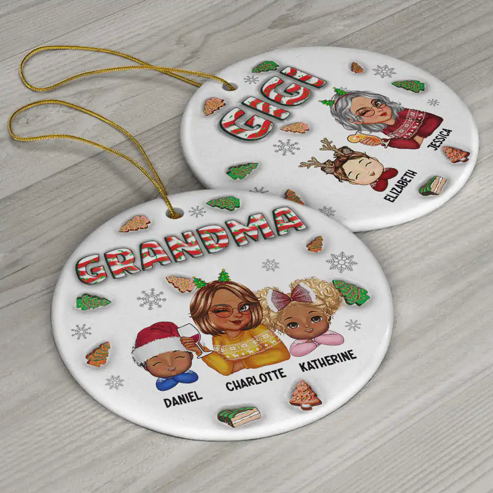 Gift For Grandma, Gift For Mother, Gift For Women - Christmas Grandma With Grandkids - 3D Inflated Effect Printed Ornament, Personalized Circle Ceramic Ornament