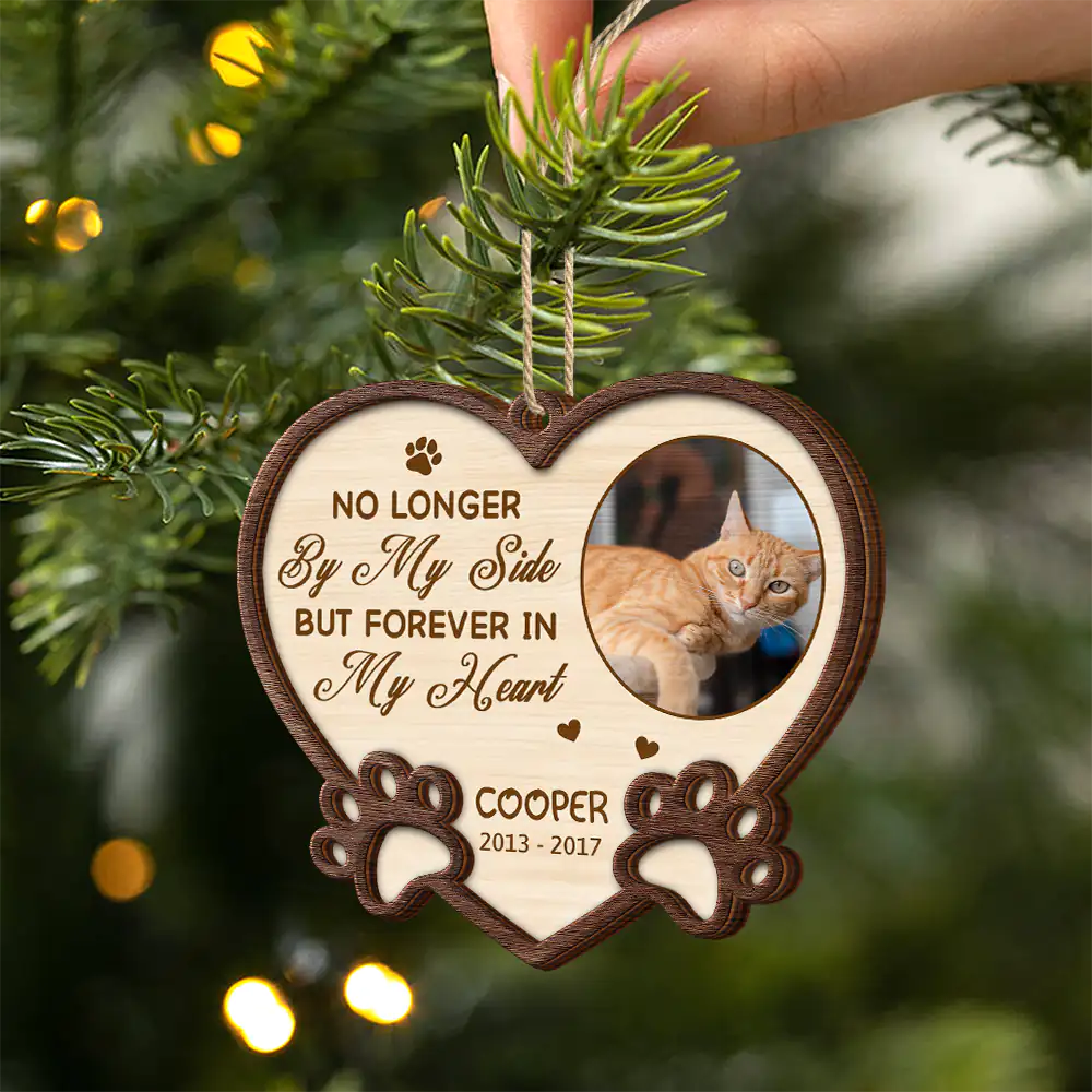 Christmas,Pet Lovers,Memorial,Dog Lovers,Cat Lovers,Sad - Custom Photo You Left Paw Prints On My Heart Forever - Personalized 2-Layered Wooden Ornament