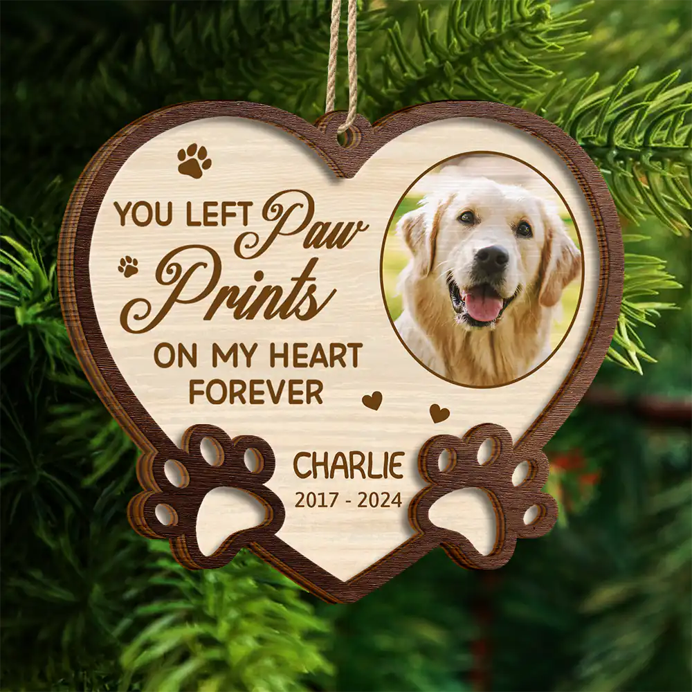 Christmas,Pet Lovers,Memorial,Dog Lovers,Cat Lovers,Sad - Custom Photo You Left Paw Prints On My Heart Forever - Personalized 2-Layered Wooden Ornament