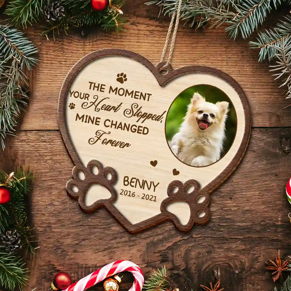 Christmas,Pet Lovers,Memorial,Dog Lovers,Cat Lovers,Sad - Custom Photo You Left Paw Prints On My Heart Forever - Personalized 2-Layered Wooden Ornament